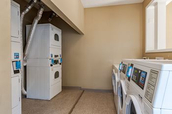 Row of washers and dryers in laundry room